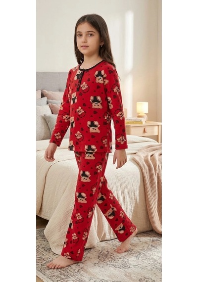 Biçomi Kaşıntı Ve Tahriş Önleyici %100 Pamuk Kalpli Ayıcık Çocuk Pijama Takımı Kırmızı