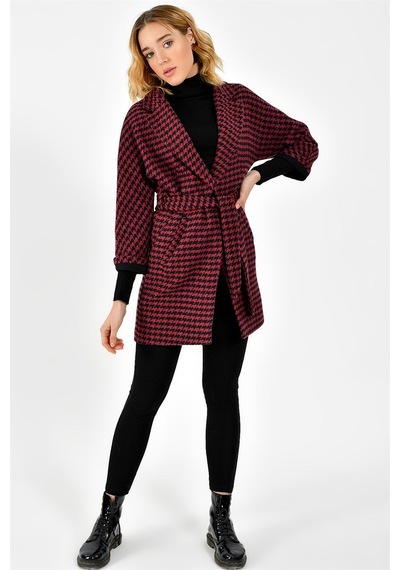 Z6623 Dewberry Bayan Palto-bordo-siyah