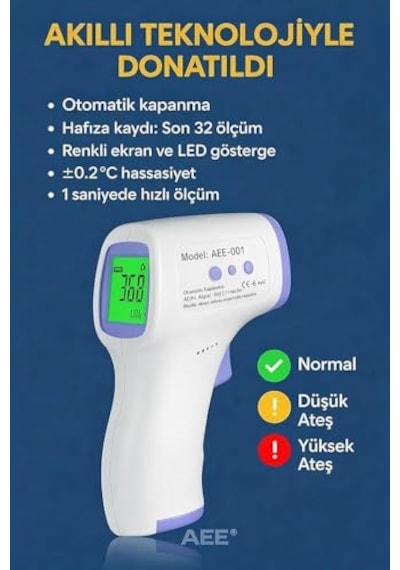 Aee Ce Onaylı Dijital Temassız Ateş Ölçer Termometre Tabanca Model Hafızalı Pilli Bebek Çocuk Kedi Köpek Ortam Nesne Yemek Havuz Oda