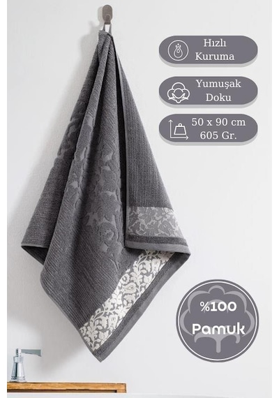 Pamuk Tekli Havlu Jakarlı Karna Premıum Stella - 50 X 90 Gri