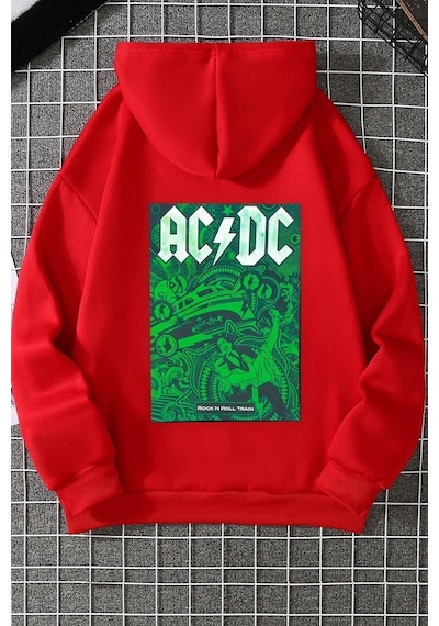 Uyguntarz Unisex Ac Dc Baskılı Kapüşonlu Sweatshirt Kırmızı