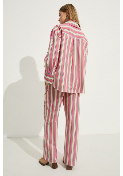 Grımelange Grımelange Mırel Kadın Oversize Fit %100 Organik Pamuklu Pembe Çizgili Gömlek