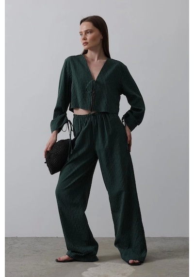 Defymoda Önü Bağlamalı Crop Takım - Yeşil Yeşil
