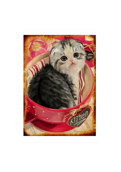 Bedeko Ahşap Tablo Kırmızı Fincan İçerisinde Kedi