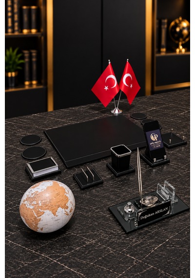 13 Parça Kristal Masa İsimlik Seti Kişiye Özel İsimli Lüks Ofis Sümen Takımı Türk Bayraklı