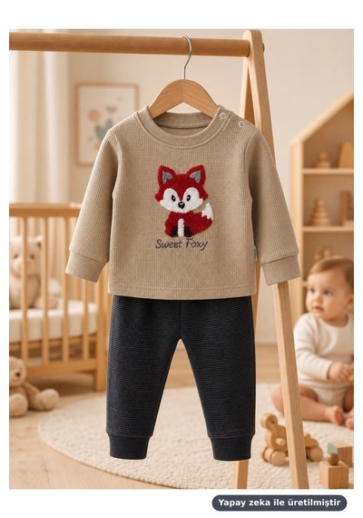 Ferasty İstanbul Erkek Bebek 2'li Takım Tilki Nakışlı Sweet Foxy Bej