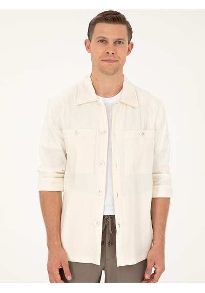 Cacharel Ekru Regular Fit Keten Karışımlı Cepli Ceket Gömlek 15469610