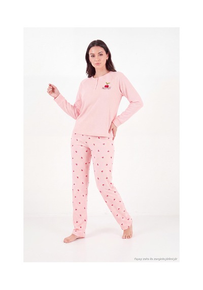 Lela Desenli Düğmeli Bisiklet Yaka Uzun Kollu Pijama Takımı Kadın Pijama Takımı 6575021 Pembe