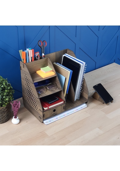 Focus Hexa Çekmeceli A4 Evrak Rafı Masaüstü Organizer Ceviz Renk