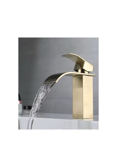 Rena Design Lavabo Bataryasi Mat Gold Şelale Kare Gövde Eğimli Havza Banyo Armatür Çift Giriş Musluk Lüks Ergo