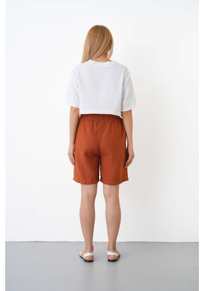 The Voler Müslin Şort Kadın Yüksek Bel Oversize Rahat Kesim Cepli %100 Pamuklu Yazlık Şort Kiremit The Voler Müslin Şort Kadın Yüksek Bel Oversize Rahat Kesim Cepli %100 Pamuklu Yazlık Şort Kiremit
