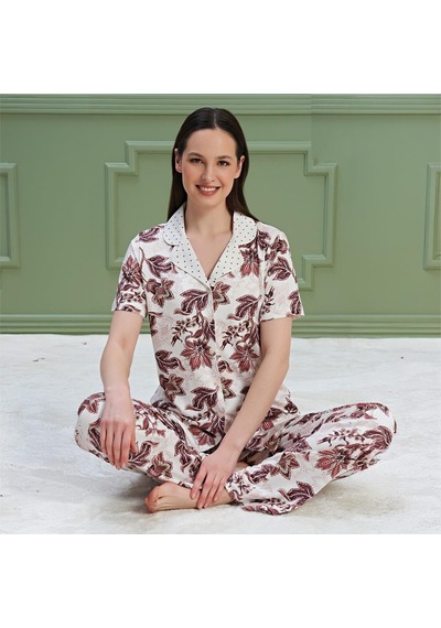 Over Sleep By Poleren Over Sleep 1323 Kadın Kısa Kol Önden Düğme Pijama Takım Ekru