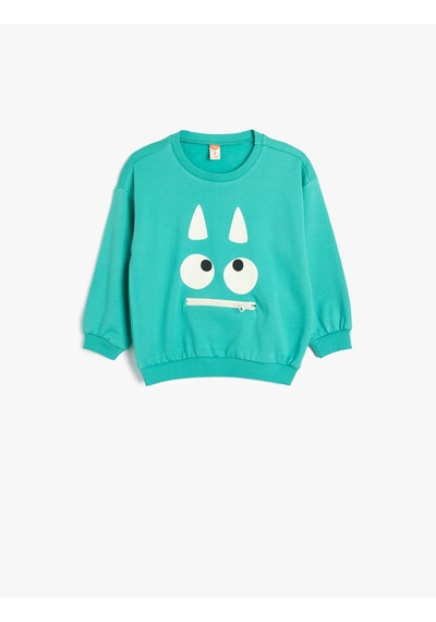 Koton Sweatshirt Canavar Baskılı Uzun Kollu Bisiklet Yaka Turkuaz 5wmb10197tk Turkuaz