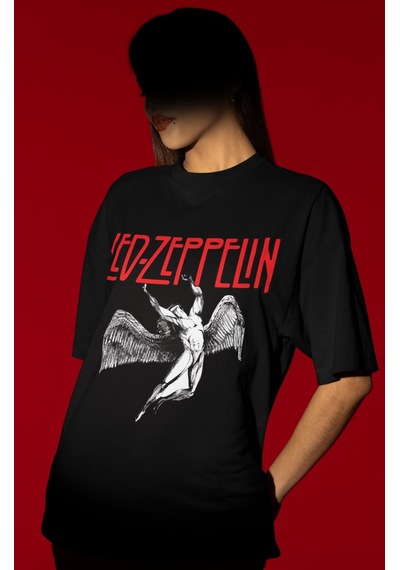 Tasarım Led Zeppelin Rock Metal Müzik Grubu Baskılı Unisex Oversi Siyah