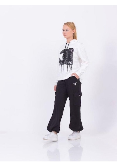 Kız Çocuk Pamuklu Kapüşonlu Baskılı Sweatshirt-13425-beyaz Beyaz