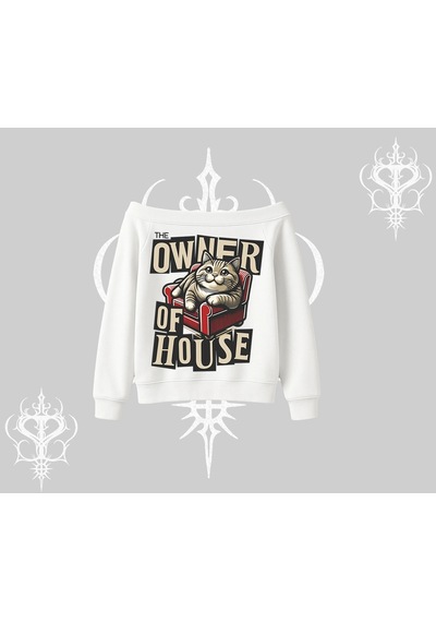 Startmore The Owner Of House Kedi Arka Baskılı Kayık Yaka Sweatshirt Beyaz