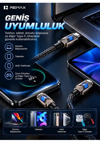 Remax Cb05-cc Bumblebee Serisi 65w Pd Type-c To Type-c Led Işıklı Çinko Alaşımlı Örgülü Hızlı Şarj Ve Data Kablosu 1.2 Metre Siyah