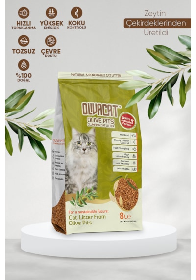 Olivacat Zeytin Çekirdeğinden Üretilen Aktif Karbonlu Tozsuz Doğal Kedi Kumu 8 L