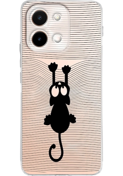 Vivo Y28 İle Uyumlu Çizgi Kedi Baskılı Tasarım Kamera Korumalı Şeffaf Silikon Kılıf Şeffaf
