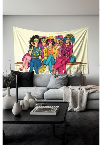 Renkli Kadınlar Desenli Duvar Halısı Duvar Örtüsü Tapestry Süet Dokulu Kumaş
