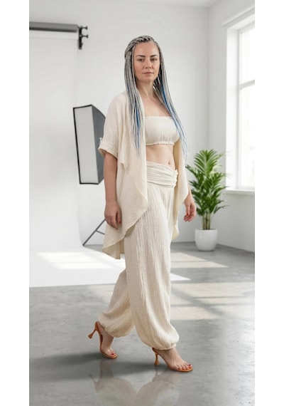 Byemelika %100 Pamuk, Bürümcük, Lastik Detay, Bohem Lidya Kaftan Bej