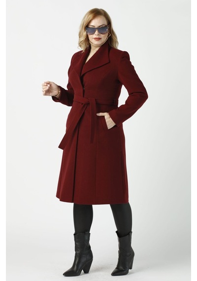 Moda Berray 923 Kadın Büyük Beden Mendil Yaka Kaban Bordo