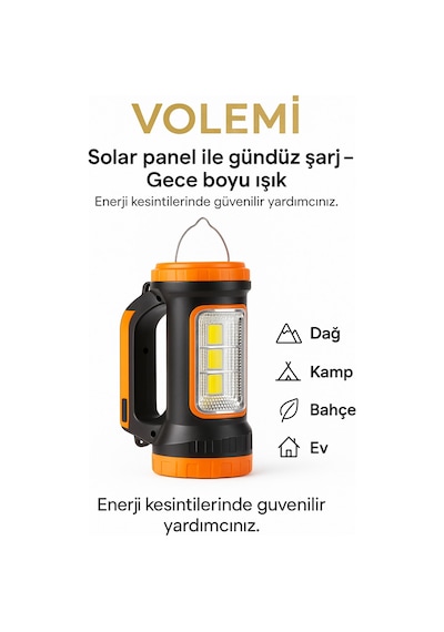 Volemi V-003 Güneş Enerjili Şarjlı Kamp Lambası 3 W + 15 W Uzun Menzilli Acil Durum Feneri Turuncu - Yeşil