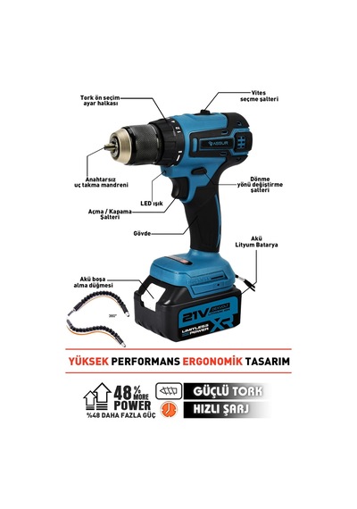 Assur 21V Akülü Vidalama Kömürsüz Motor Şarjlı Matkap - 1569