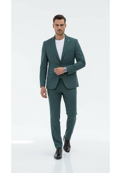 Erkek Slim Fit Mikro Dokulu Takım Elbise Çift Düğmeli Modern Kesim Petrol