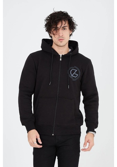 Barlashive Erkek 3 İplik Pamuklu Fermuarlı Kapüşonlu Kanguru Cepli Baskılı Hoodie Hırka Sweatshirt - Siyah Çok Renkli