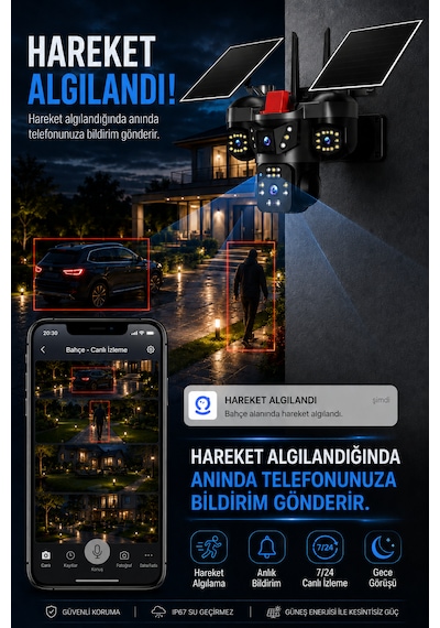 4 Kameralı Wifi 12mp Çift Solar Panelli Hareket Algılamalı Güvenlik Kamerası