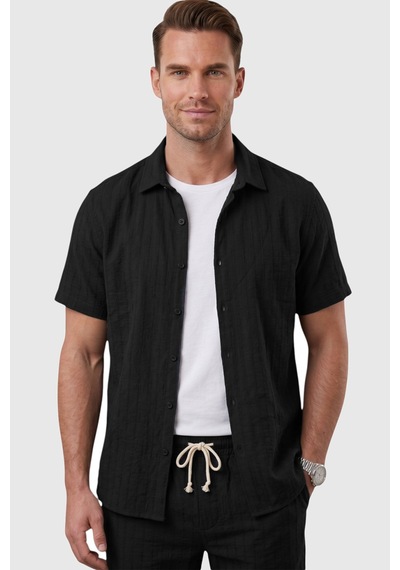 Rizzup Siyah Slim Fit Çizgi Dokulu Keten Görünümlü Kısa Kol Erkek Spor Gömlek 2602648