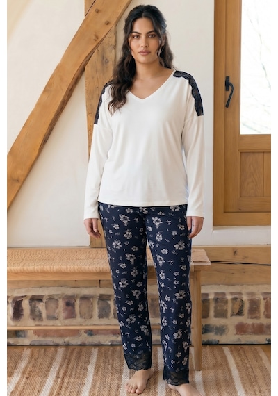 Siyah İnci Ekru Desenli Büyük Beden Battal Boy Viskon Örme Pijama Takım 26224809