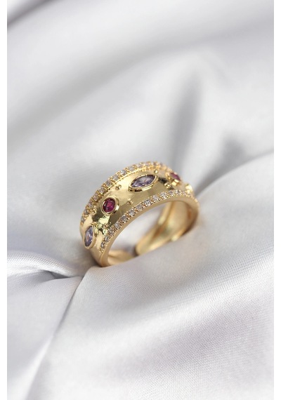 Gold Renk Zirkon Taşlı Vintage Kadın Yüzük Çok Renkli