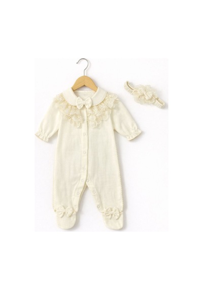 Kardeşler Bebe Fiyonk Ve Dantel Detaylı Çıkarılabilir Yaka Kız Bebek Patikli Tulum + Saç Bandı Ekru