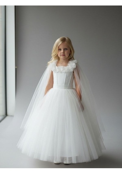 Zekids Kız Çocuk Kol Detaylı Prenses Model Abiye Elbise-17245 Beyaz