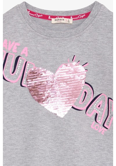 Breeze Kız Çocuk Sweatshirt Pullu Yazı Baskılı 4-8 Yaş, Açık Gri Melanj Gri