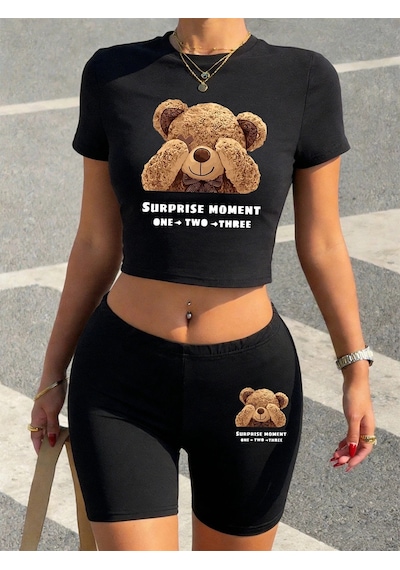 Tarzsokak Seksi Sevimli Ayı Sürpriz Anı Baskılı Babby Teet-shirt Şort Kadın İki Parçalı Set Üstleri Pantolo Siyah