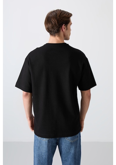 Tommy Life Siyah Pamuklu Kalın Yüzeyi Dokulu Oversize Fit Baskılı Erkek T-shirt - 88338 001