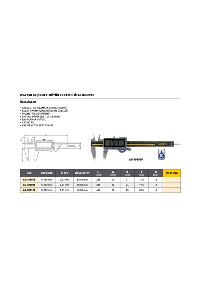 Fett 0-200mm Asimeto Ip67 Su Geçirmez Büyük Ekran Dijital Kumpas As-305085