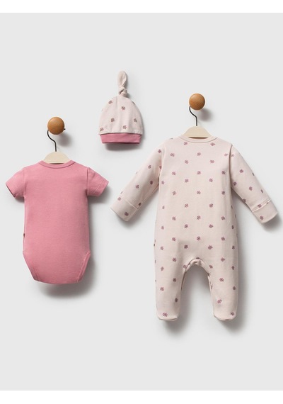 Moi Noi Baby Moi Noi 3lü Şapkalı Baskılı Tulum - Pembe Gül Kurusu