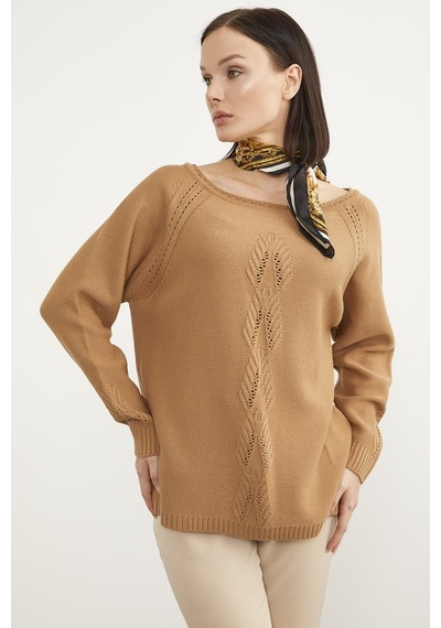 Sementa Kayık Yaka Motif Detaylı Triko Kazak - Kamel 001