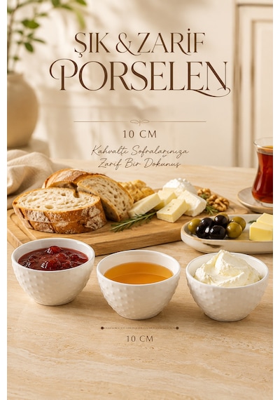 Porsima Dora 3'lü Porselen Çerezlik & Sosluk Seti 10 Cm - Kabartmalı Puantiyeli İkramlık Yok