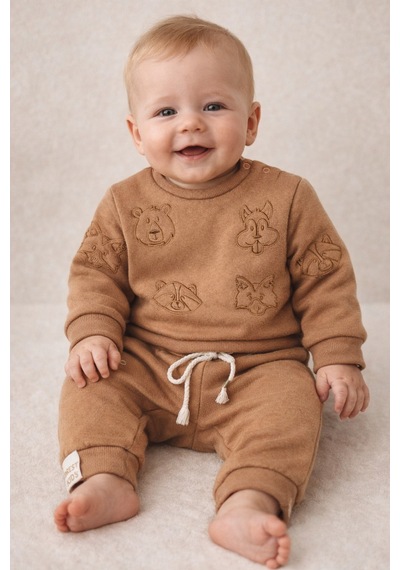 Uğur Bebe Camel Renk İşlemeli Bebek Takımı Kalın İçi Şardonlu Omuzdan Çıtçıtlı Camel Camel