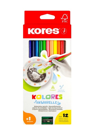 Kores Akuarelle Boyama Kalemi, 3-kant Kalemtıraş, 12 Renk 124-Pembe