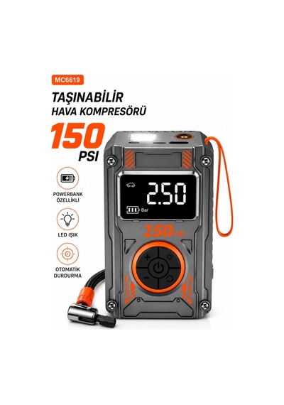 Taşınabilir Hava Kompresörü 150 Psı 4000mh Powerbanklı Dijital Lastik Şişirme Pompası Led Işıklı