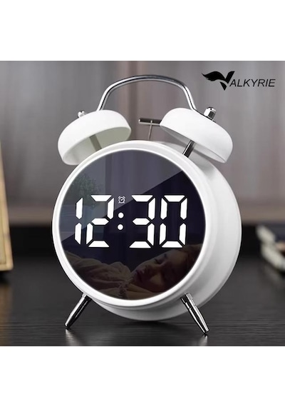 Valkyrie Led Ekranlı Analog Alarmlı Masa Saati Çalar Saat Pil Dereceli Çift Alarmlı Dijital Saat Beyaz