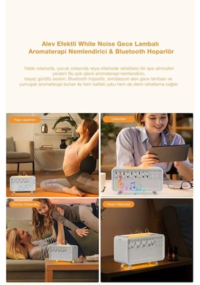 Alev Efektli White Noise Aromaterapi Hava Nemlendirici Bluetooth Hoparlörlü 200 Ml Difüzör
