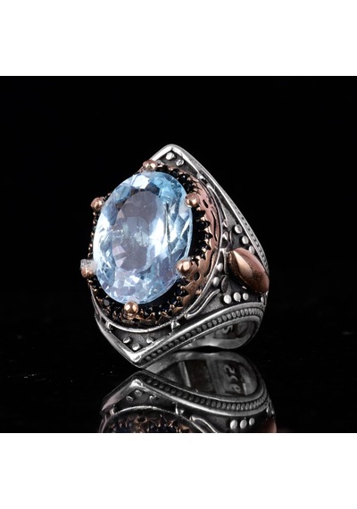 Gerçek Doğal Mavi Londra Topaz Taşlı Yüzük, Gümüş Erkek Kral Yüzüğü Gümüş
