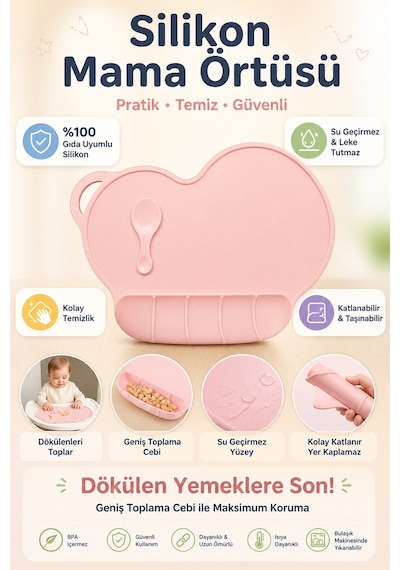 Katlanabilir, Kaymaz Silikon Bebek Masa Örtüsü Pembe Renk